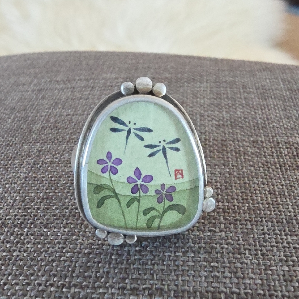 Stunning Signed Sterling Dragonfly & Floral Ring By Ananda Khalsa 💚💜